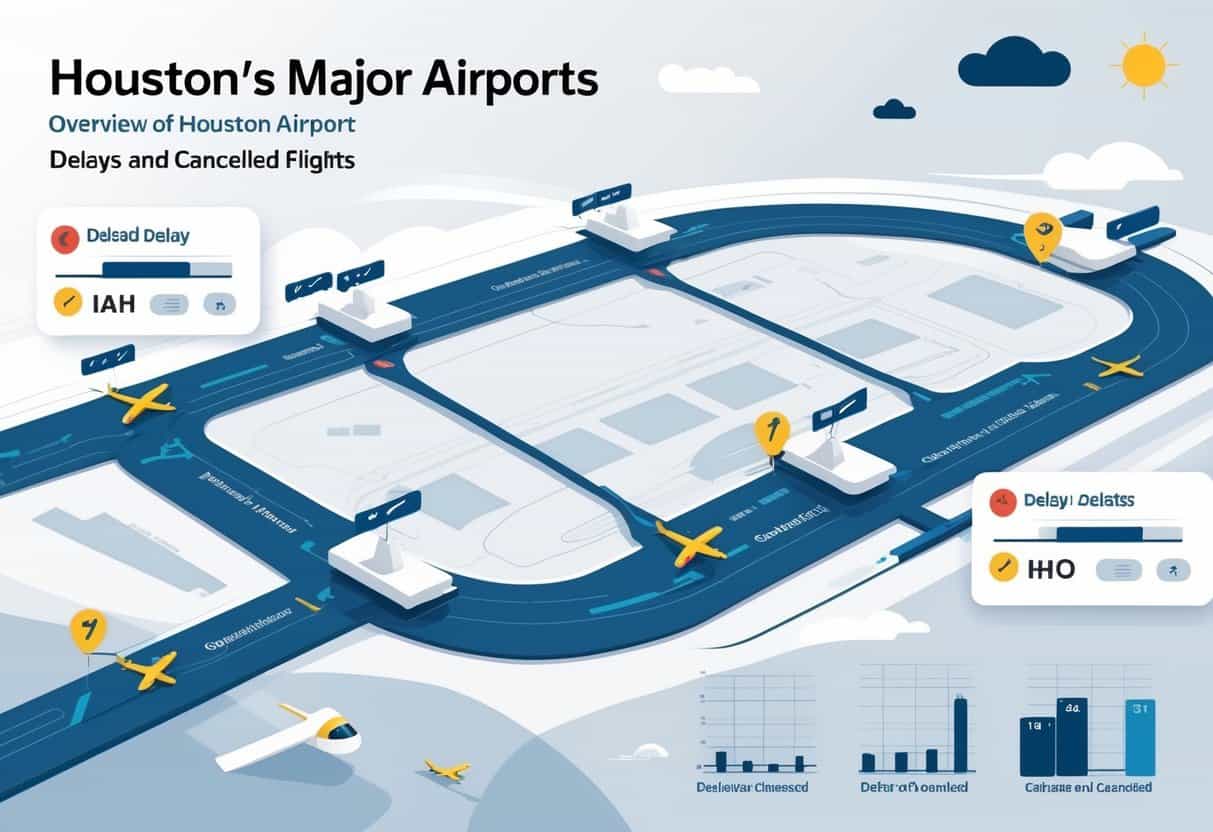 A map of Houston showing its three major airports with icons and visual indicators highlighting flight delays and cancellations, accompanied by simple charts comparing the airports.