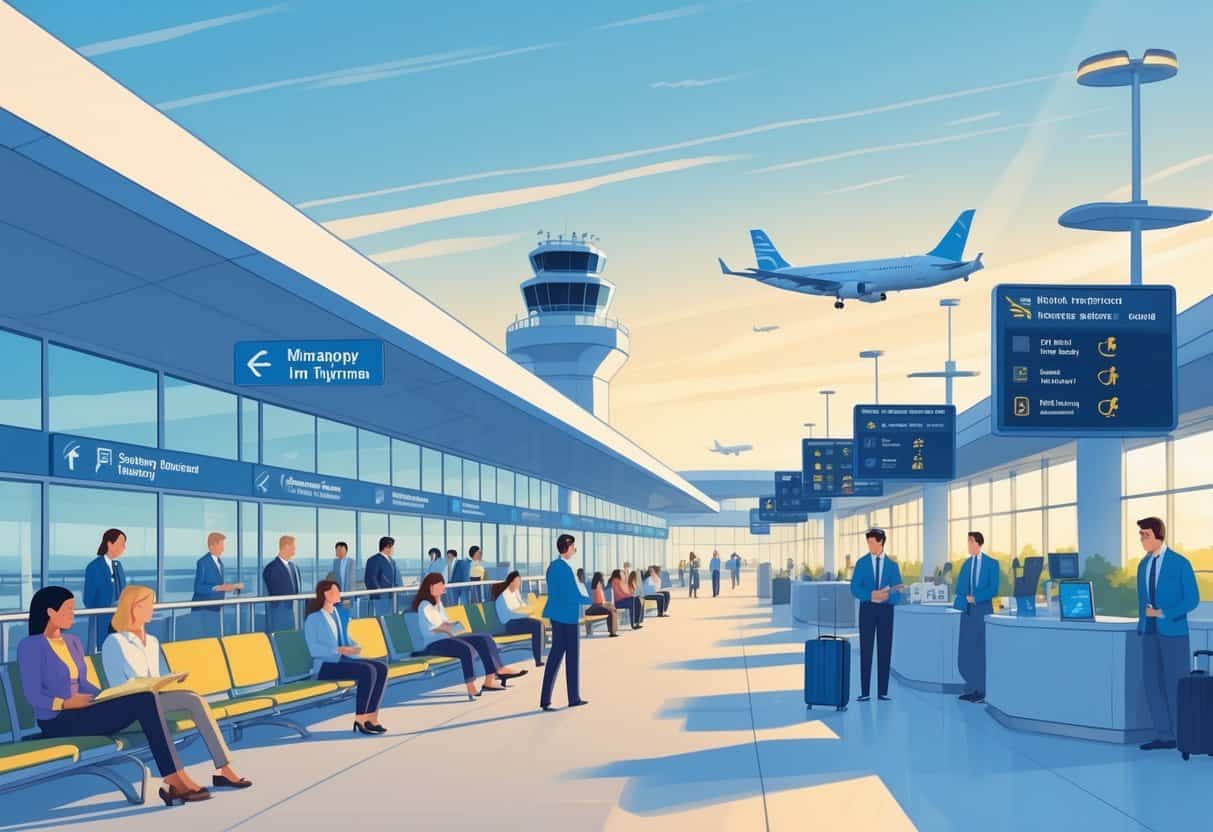 An airport terminal scene with passengers waiting, airline staff assisting travelers, airplanes on the tarmac, and a control tower in the background under a clear sky.