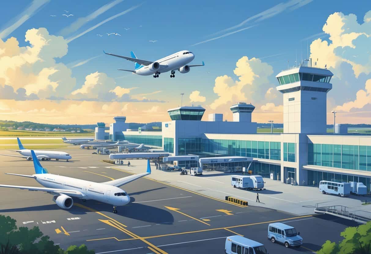 A busy airport terminal near the coast with airplanes on the runway, passengers, and airport vehicles under a partly cloudy sky.
