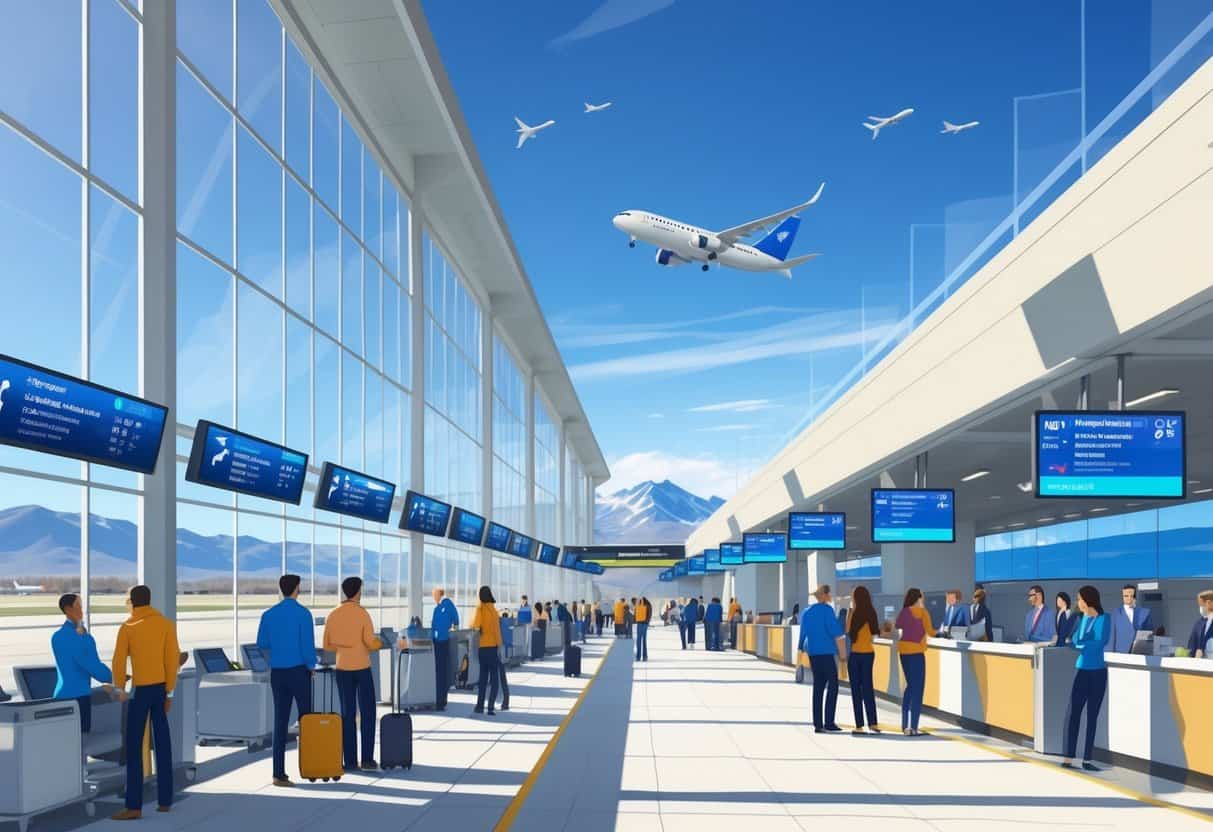 A modern airport terminal in Greeley, Colorado with passengers and staff interacting inside, planes parked outside, and mountains visible in the background.