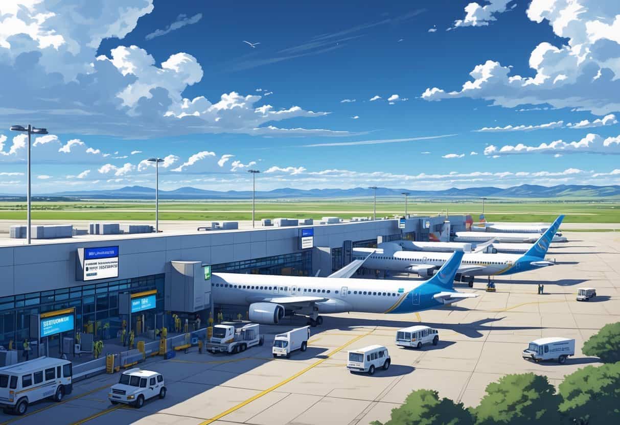 An airport terminal near Greeley, Colorado, with airplanes parked, airport staff and passengers, and distant mountains in the background.