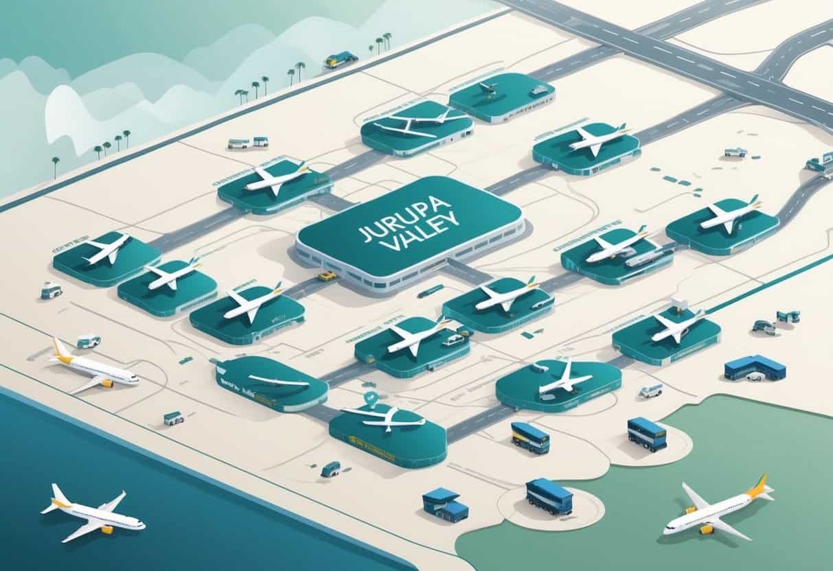 A detailed map showing Jurupa Valley, California, surrounded by nearby airports with airplanes and airport vehicles indicating flight management.