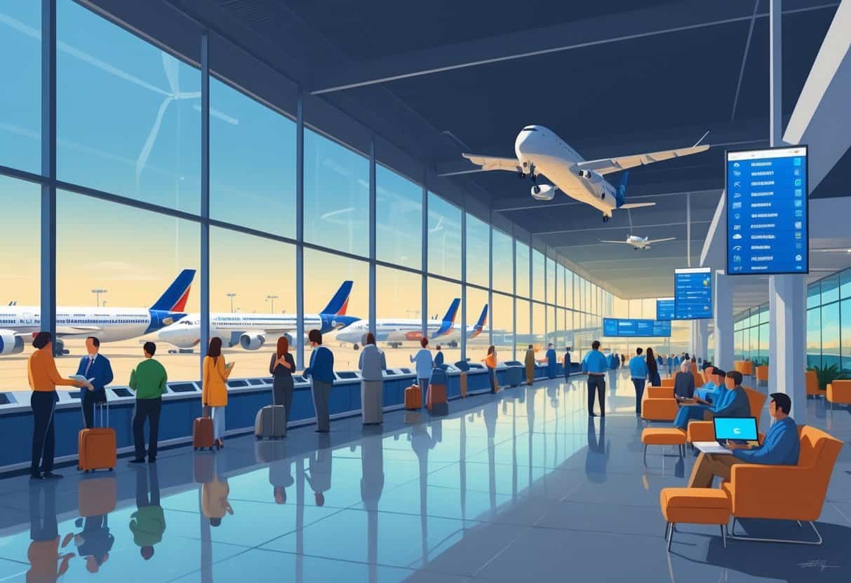 Airport terminal near League City, Texas, showing passengers calmly interacting with airline staff and waiting in seating areas with airplanes visible outside.