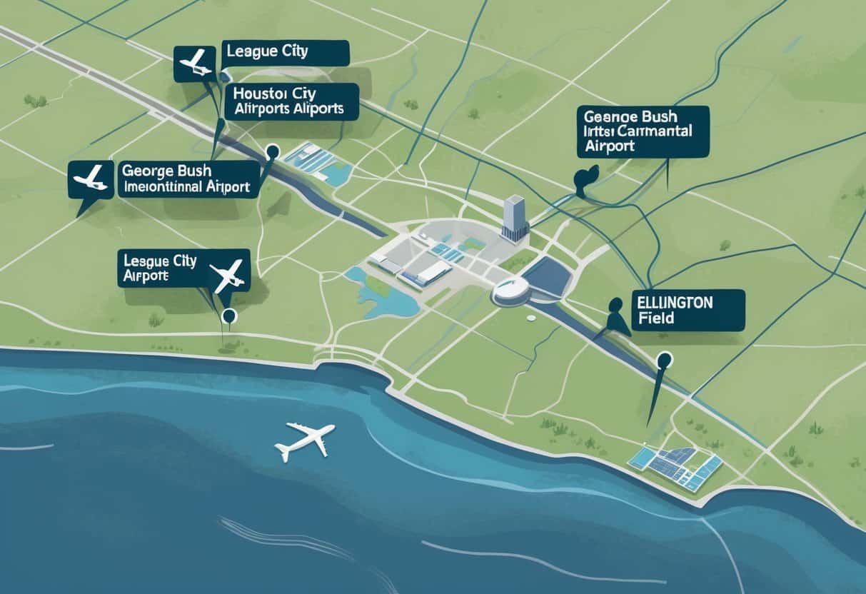Map showing League City, Texas, and nearby airports with airplane icons and runways, highlighting their locations around the city.