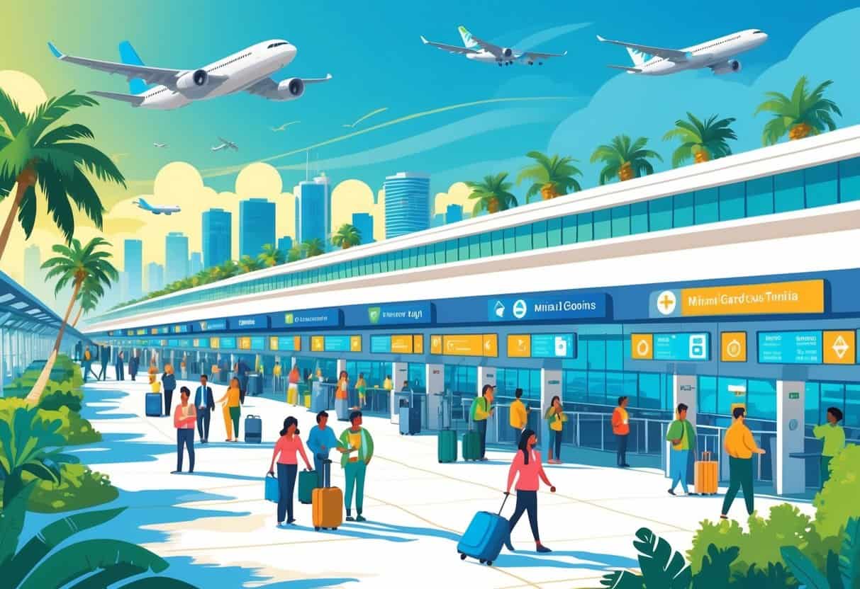 A busy airport terminal near Miami Gardens, Florida, with airplanes at gates, passengers moving calmly, and airport staff assisting travelers under a sunny sky with palm trees in the background.