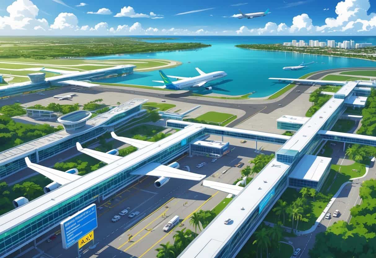 Aerial view of Miami Gardens with nearby airports, showing airplanes on runways and passengers waiting amid flight delays.
