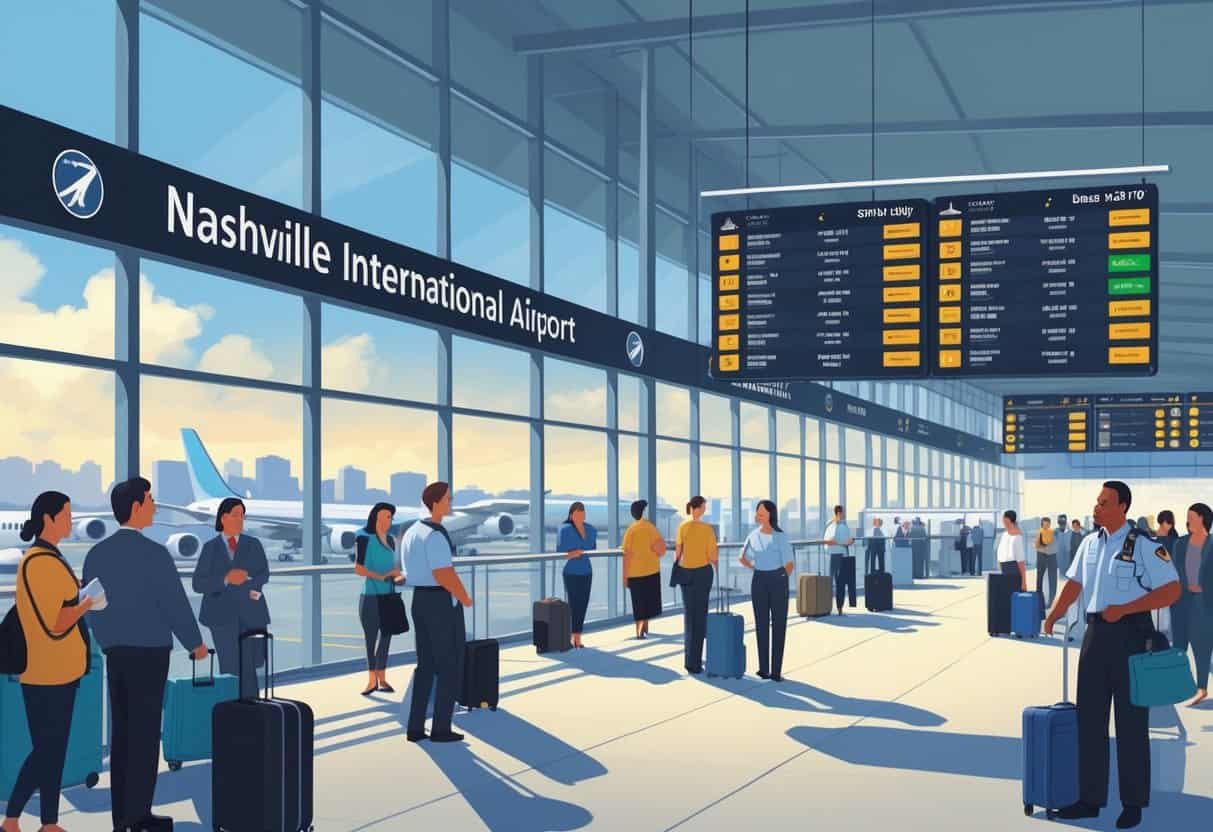 Passengers and airport staff at a busy Nashville International Airport terminal dealing with flight cancellations, with airplanes visible outside and a flight status board showing delays.