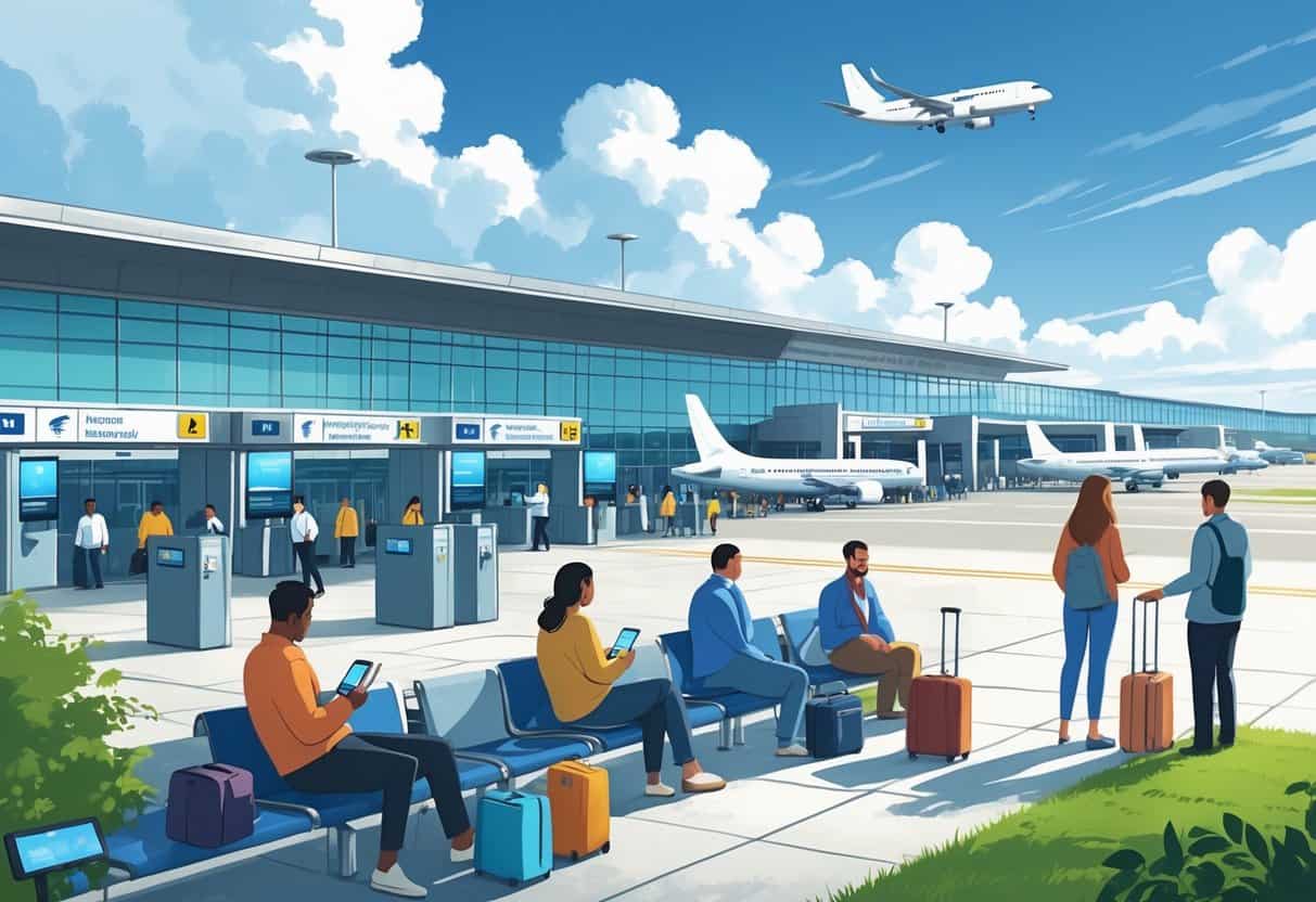 A busy airport near Naperville with passengers waiting calmly, airplanes at gates, and a modern terminal building under a partly cloudy sky.
