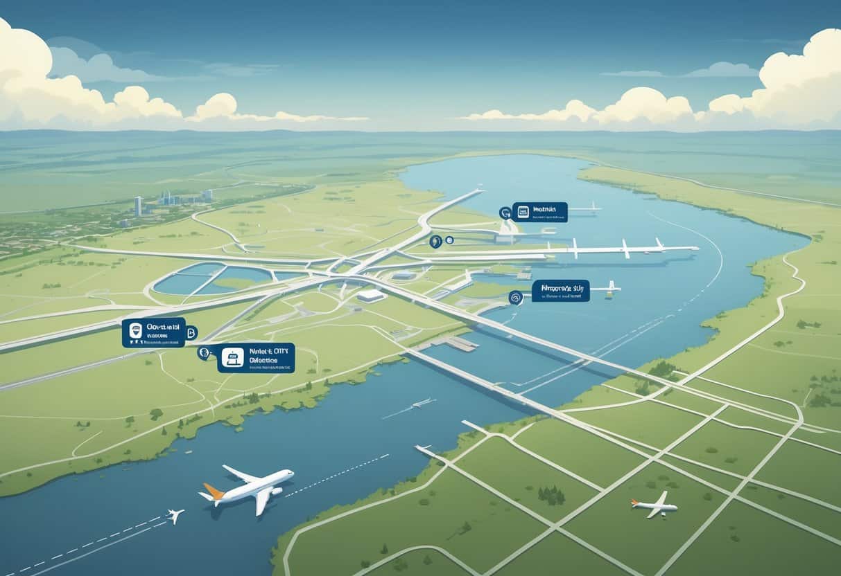 A map centered on Naperville, Illinois, showing nearby airports with icons of runways and terminals, surrounded by city outlines and roads.