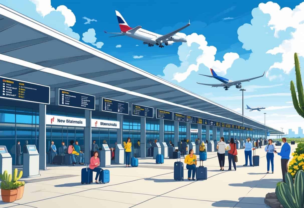 An airport terminal in New Braunfels, Texas, with travelers waiting and airplanes parked outside under a blue sky.