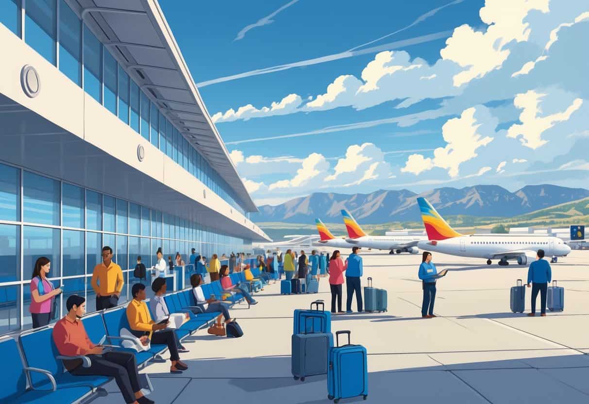 Airport terminal in Pueblo, Colorado with passengers waiting calmly, airline staff assisting, airplanes on the tarmac, and mountains in the background.