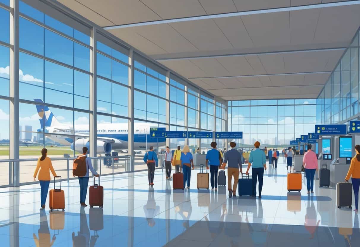 An airport terminal near Plano, Texas with travelers, airplanes at gates, and airport staff assisting passengers.