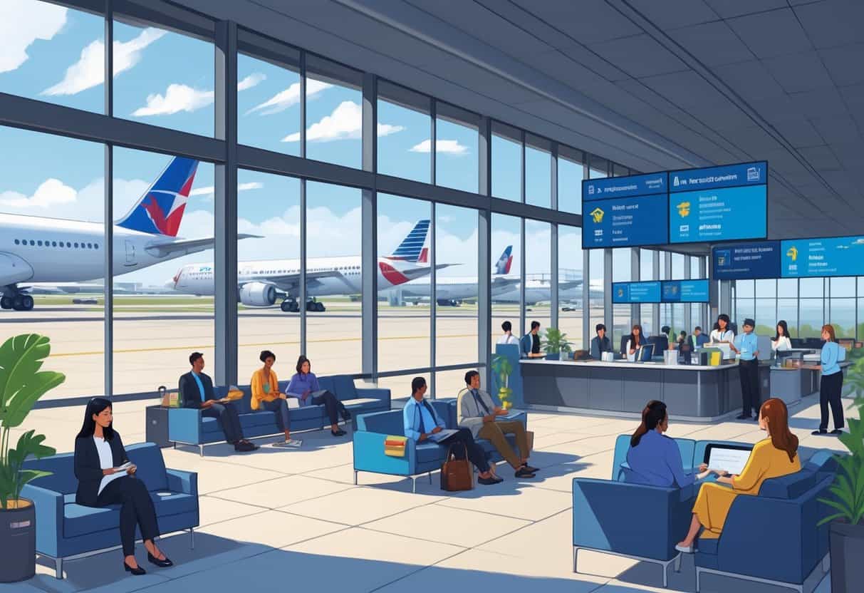 Airport terminal in Pearland, Texas with travelers seated and staff assisting passengers during flight cancellations.