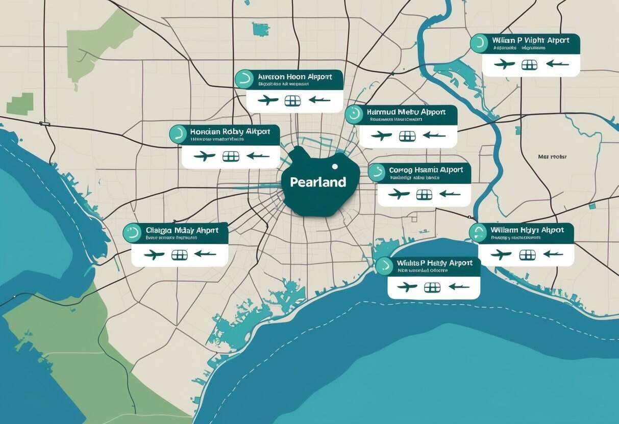 Map showing Pearland, Texas, with nearby airports marked by airplane icons and flight route lines connecting them.