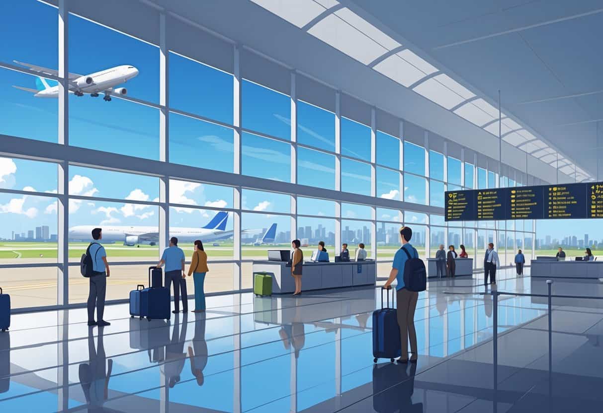 Interior of a busy airport terminal with travelers waiting and airport staff assisting passengers, airplanes visible outside large windows with a city skyline in the background.