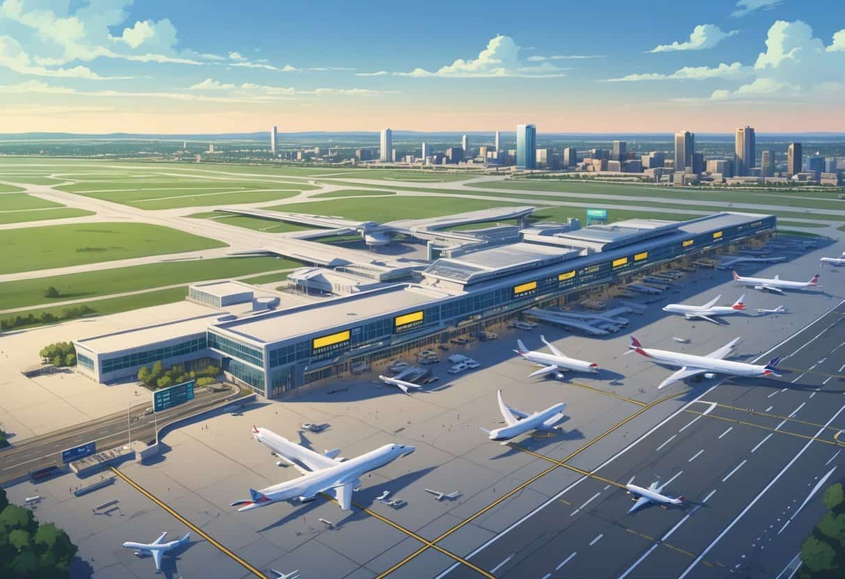 Aerial view of an airport in Rochester, Minnesota with airplanes on runways and terminals, showing a busy airport environment with some planes grounded.