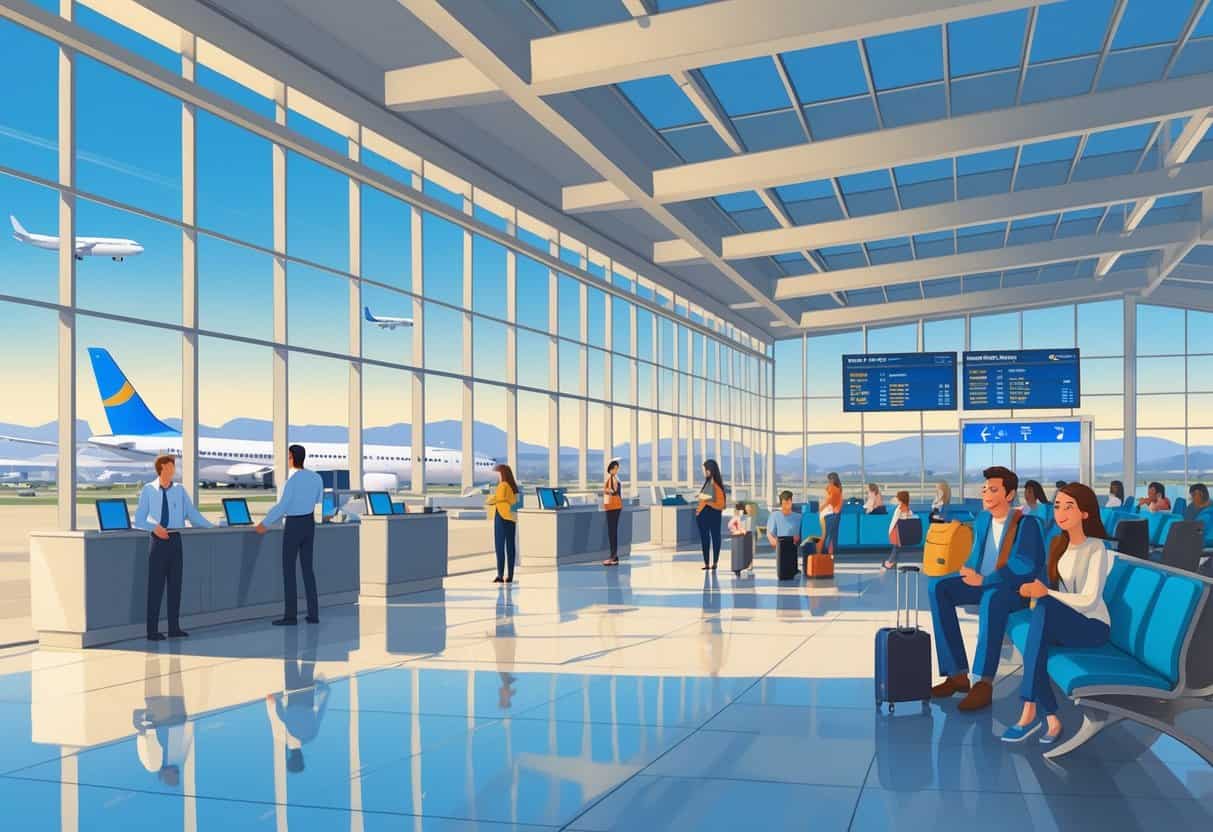A modern airport terminal in Roseville, California, with passengers being assisted by staff and waiting comfortably near large windows showing airplanes outside.