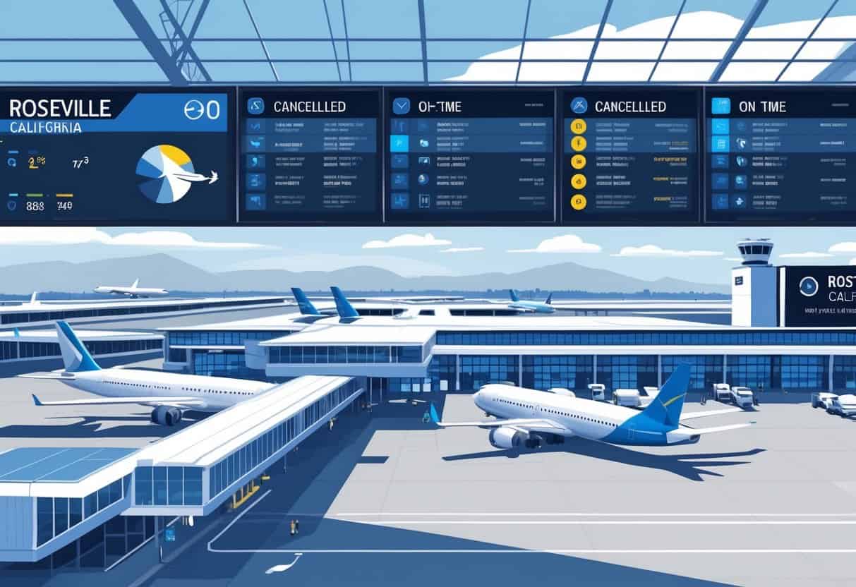 An airport scene near Roseville, California showing airplanes on the ground, a flight status board with symbols for delays and cancellations, and a map highlighting Roseville and nearby airports.