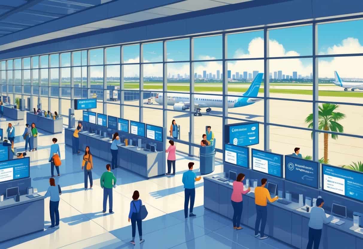 Passengers and airport staff at San Diego International Airport calmly handling flight cancellations inside a modern terminal with airplanes visible outside.