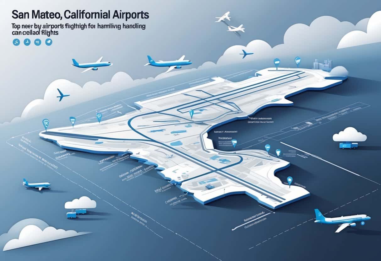 A map of the San Mateo area showing nearby airports with icons of airplanes, runways, and airport terminals, along with weather symbols and ground vehicles around the airports.