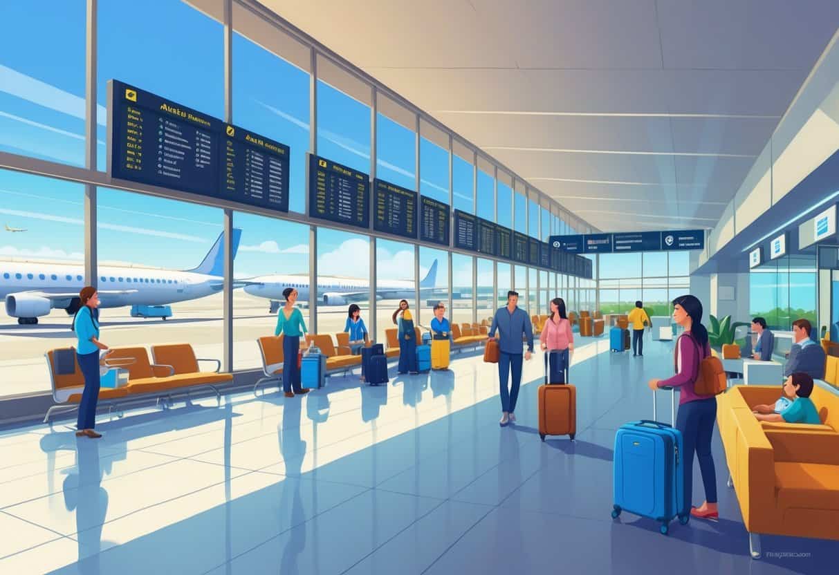 An airport terminal in Santa Rosa with passengers waiting comfortably, staff assisting travelers, airplanes visible outside, and various amenities like a café and play area.