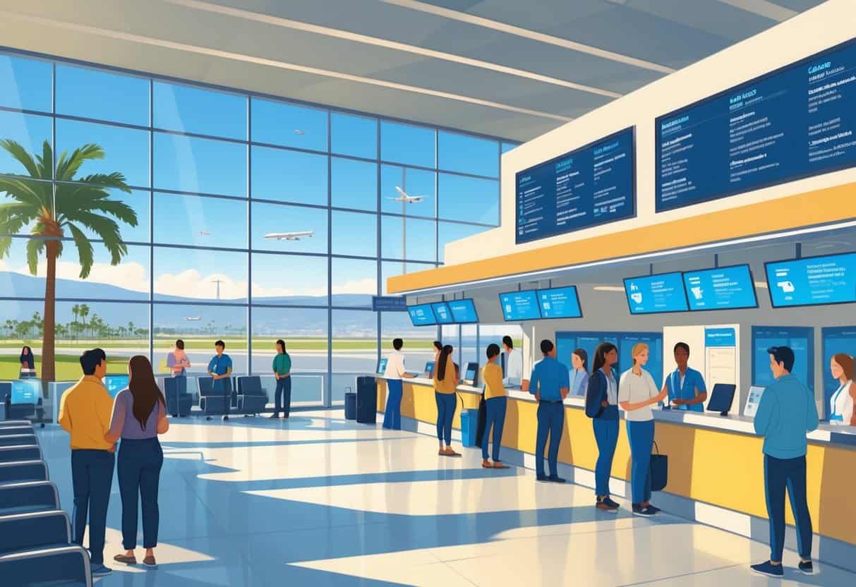 An airport terminal in Salinas, California, showing travelers receiving assistance from staff in a bright, spacious space with views of palm trees and hills outside.