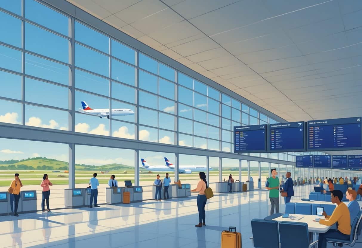 An airport terminal near Round Rock, Texas, showing travelers receiving assistance from airline staff inside a spacious building with planes visible outside and hills in the background.
