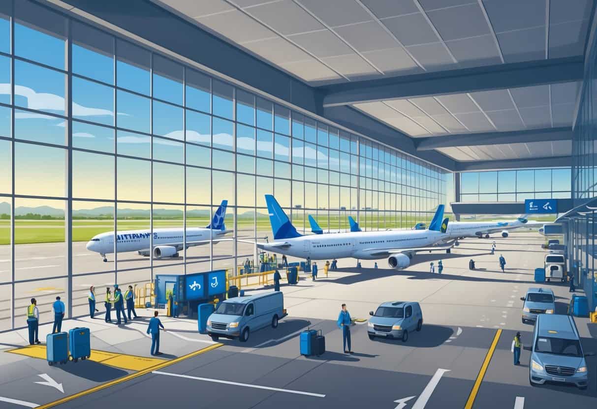 A busy airport terminal near Round Rock, Texas, with airplanes on the tarmac and passengers being assisted by airline staff.