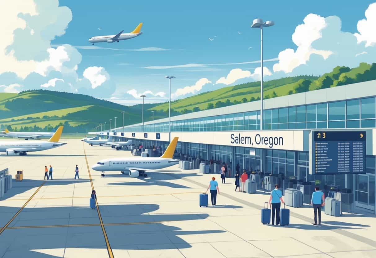 An airport terminal in Salem, Oregon with airplanes at gates, passengers walking with luggage, and green hills in the background under a partly cloudy sky.