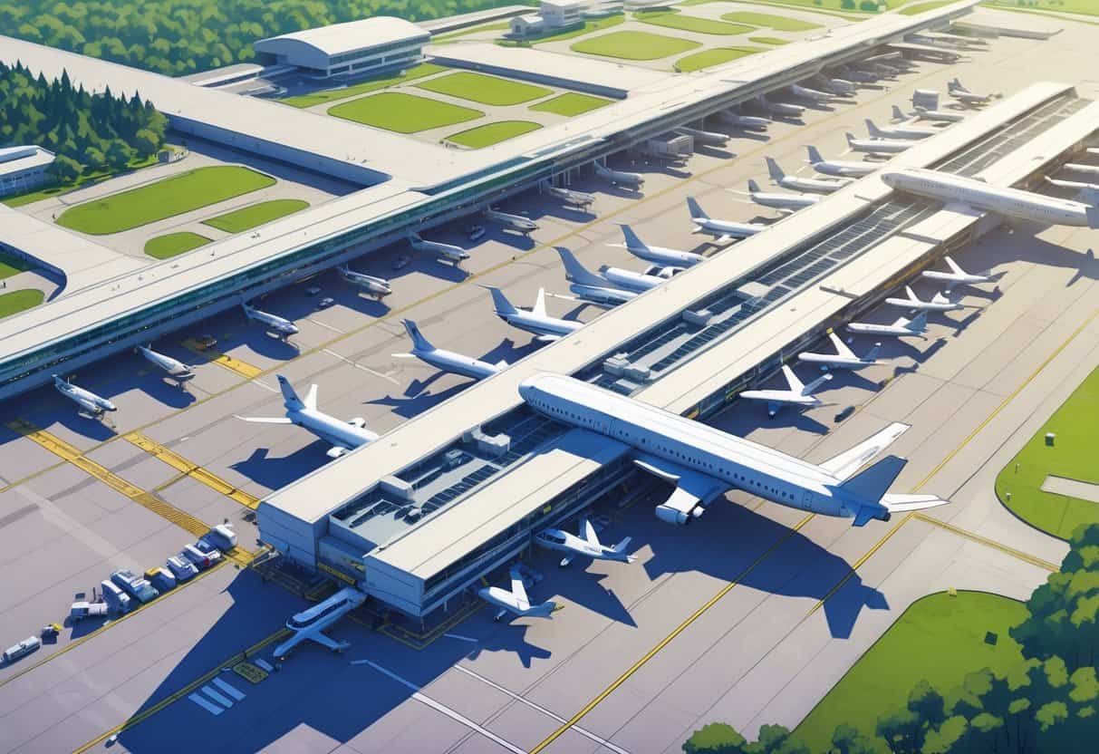 Aerial view of Salem Airport with airplanes on the ground and airport staff assisting passengers, surrounded by the city and greenery.