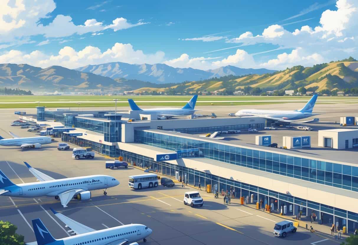 A busy airport terminal near hills with airplanes at gates and travelers moving calmly through the area.