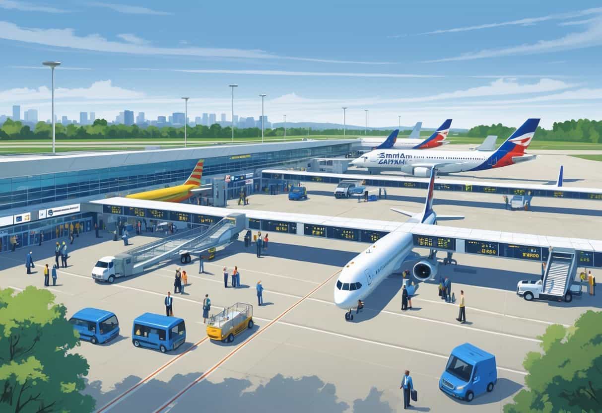 An airport terminal near Sandy Springs with airplanes at gates, airport staff assisting passengers, and ground vehicles in a calm, organized setting.