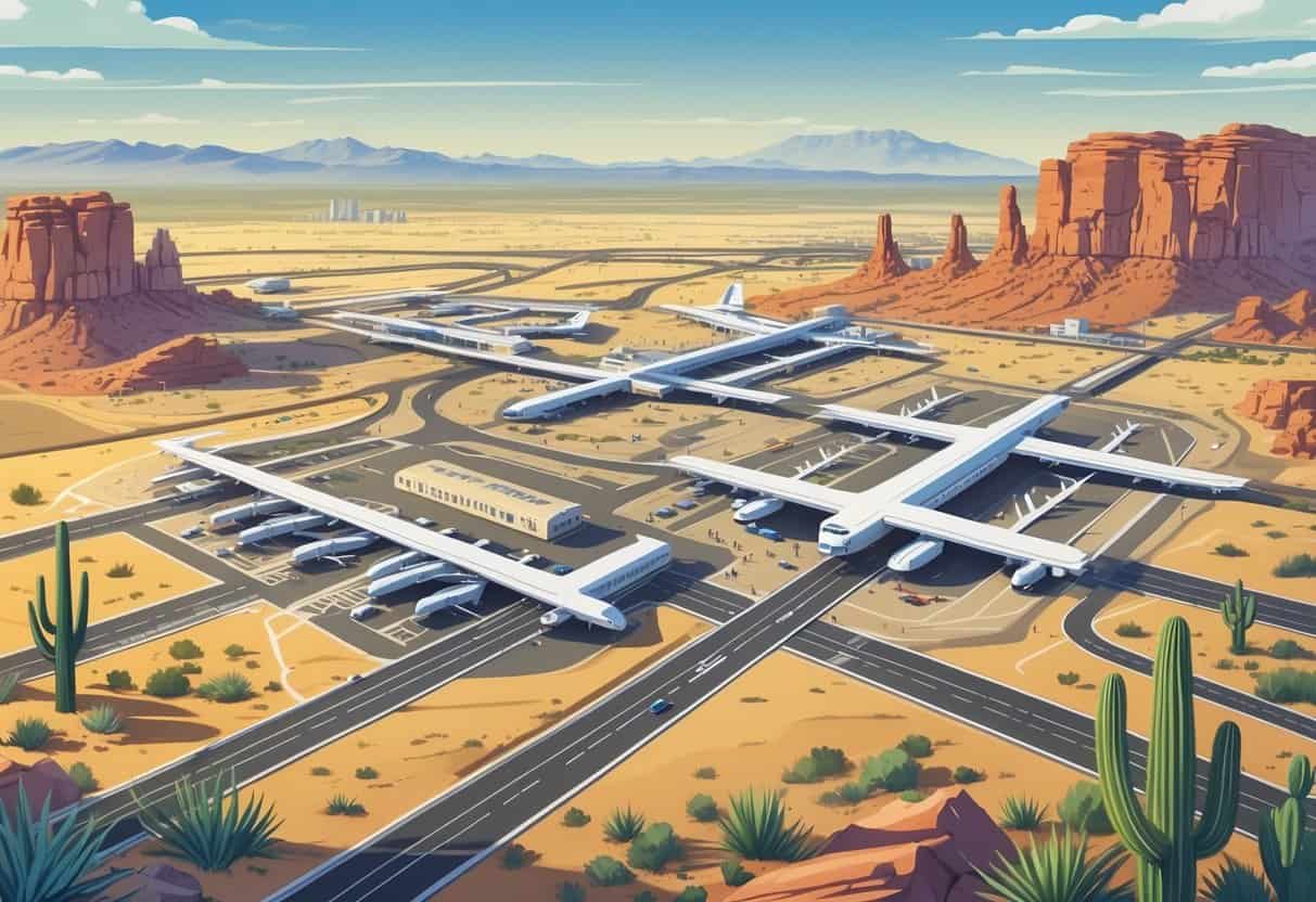 A detailed aerial view map showing the city of Surprise, Arizona, with nearby airports, roads, and desert landscape including cacti and mountains.