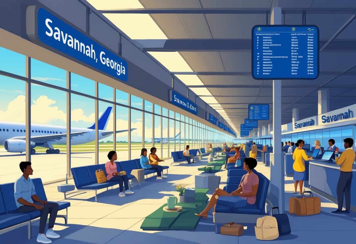 Airport terminal in Savannah, Georgia with travelers calmly waiting, airport staff assisting passengers, and airplanes on the runway under a clear sky.