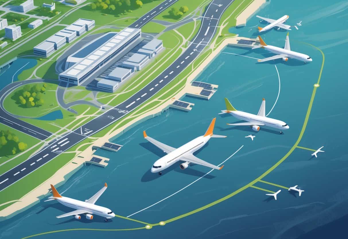 Map showing Savannah, Georgia area with highlighted airports and airplanes on runways near the coast.