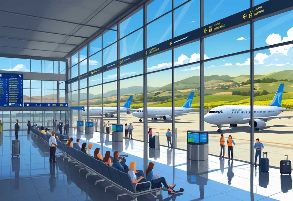 An airport terminal near Temecula with passengers waiting calmly, airplanes at gates outside, and hills with vineyards in the background.