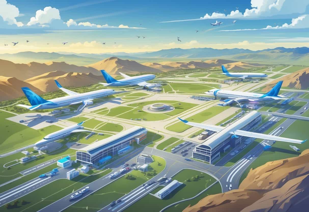 A detailed aerial view of Temecula, California, showing nearby airports with airplanes and runways surrounded by hills and clear skies.