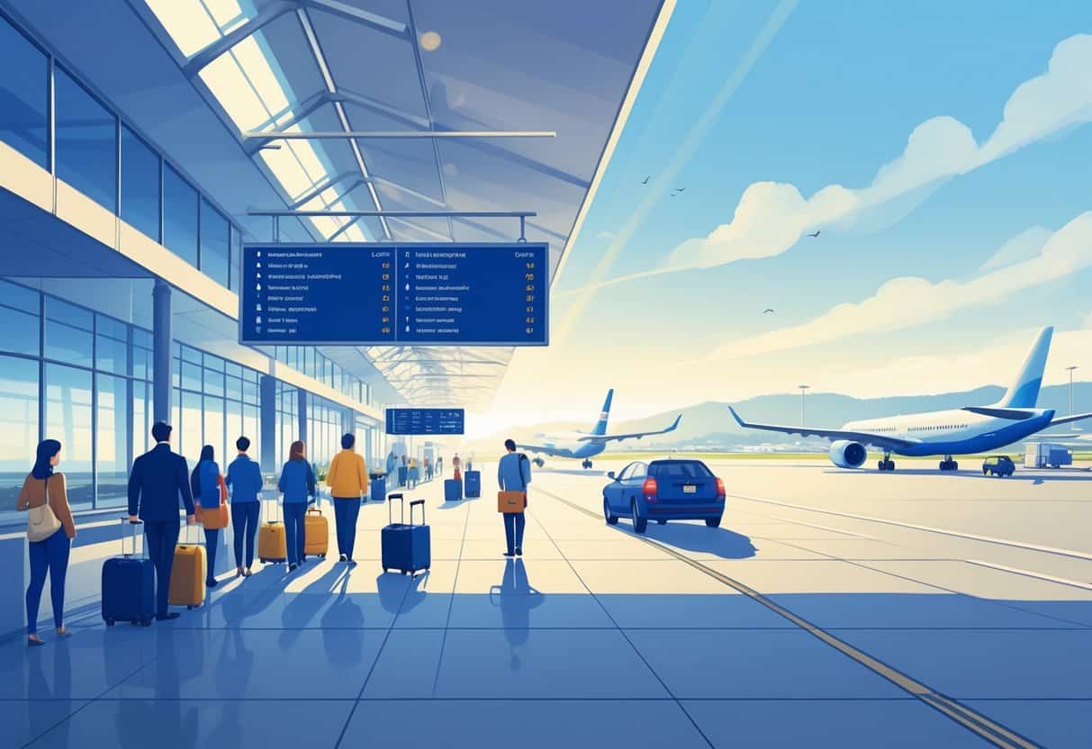 An airport terminal near water with airplanes at gates and travelers waiting calmly inside, showing a peaceful airport scene in Vallejo, California.