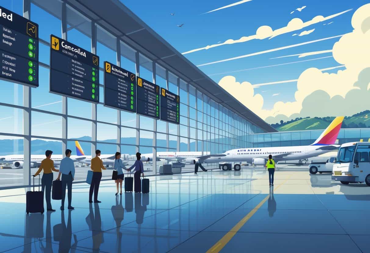 A modern airport terminal near Vallejo, California, showing airplanes at gates, passengers with luggage, and flight boards indicating cancelled flights.