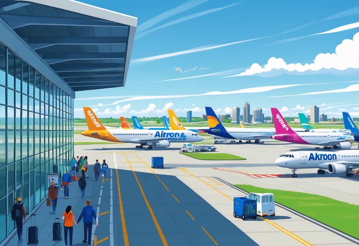 An airport in Akron, Ohio with budget airline airplanes parked near the terminal and passengers walking with luggage.