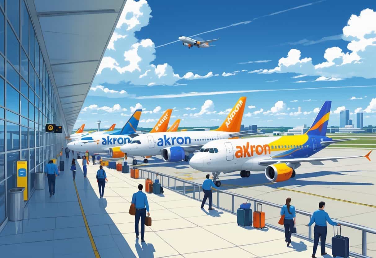 An airport scene in Akron, Ohio with budget airlines' planes at gates, passengers walking with luggage, and airport staff assisting travelers.