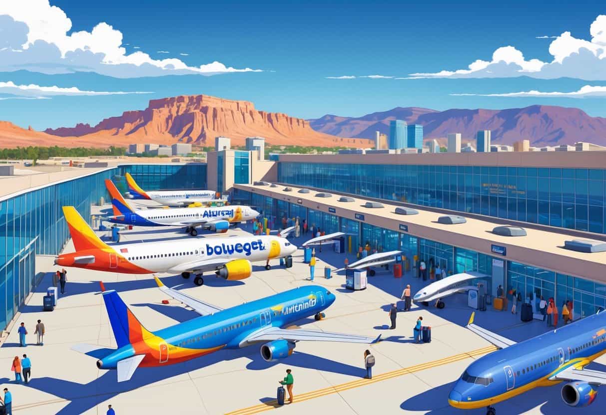An airport in Albuquerque with budget airline planes parked, passengers walking, and the Sandia Mountains in the background.