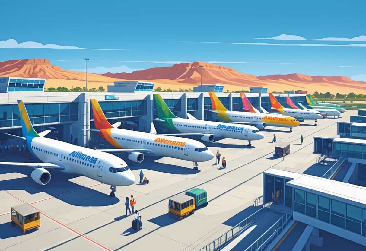 An airport scene in Albuquerque with budget airplanes parked at gates near the Sandia Mountains and passengers boarding.
