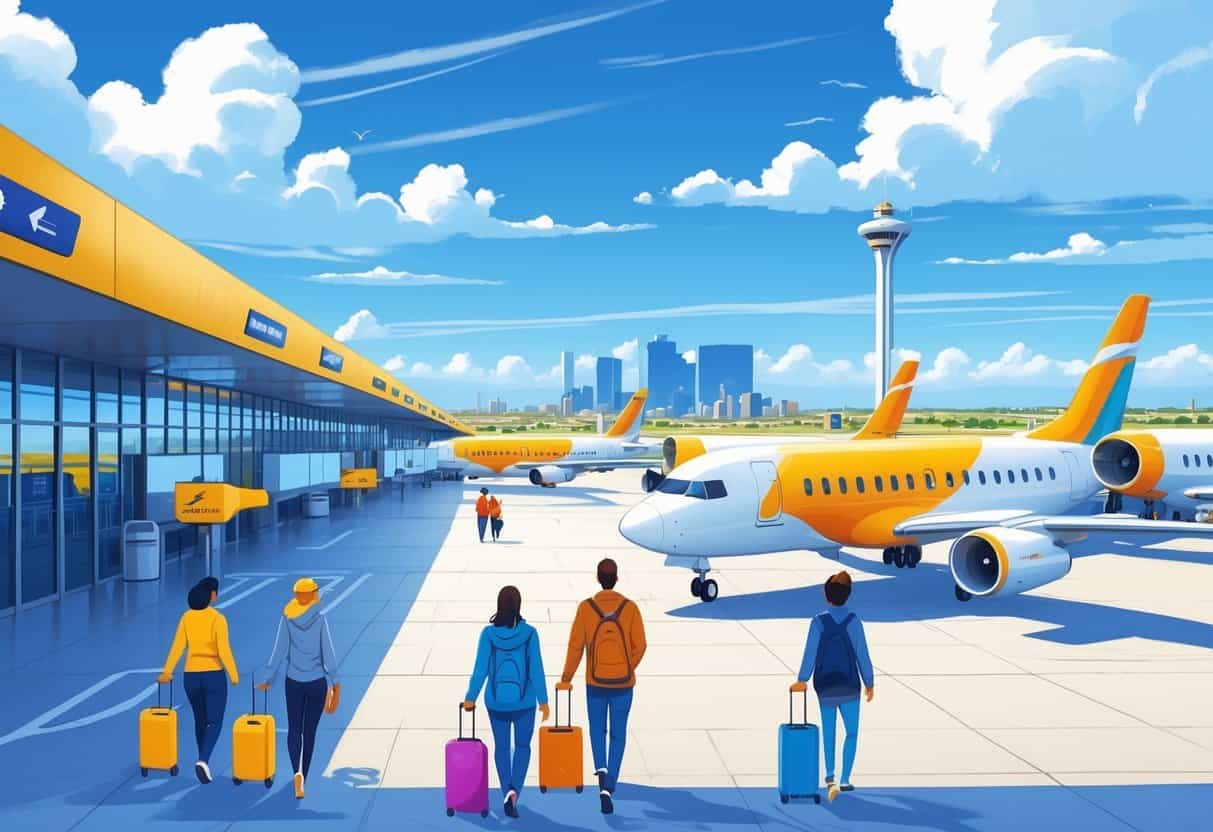 Airport scene with budget airplanes parked at gates and travelers walking toward them, with Amarillo city skyline and blue sky in the background.