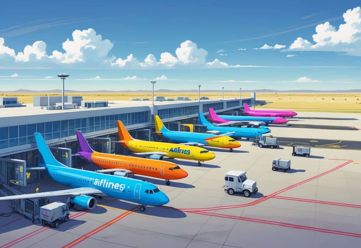 Airport scene with several colorful budget airplanes parked at gates in Amarillo, Texas, with a clear sky and flat plains in the background.