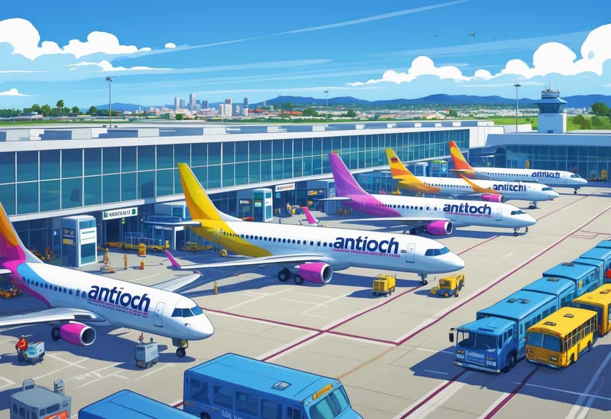 An airport in Antioch, California with several budget airline planes parked at gates, airport vehicles moving around, and the city visible in the background.