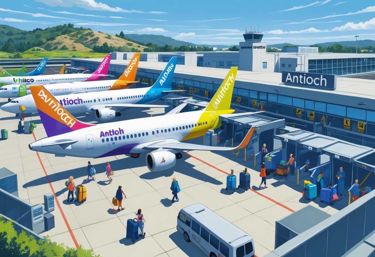 A busy airport in Antioch, California with several budget airplanes on the runway and diverse travelers moving through the terminal.
