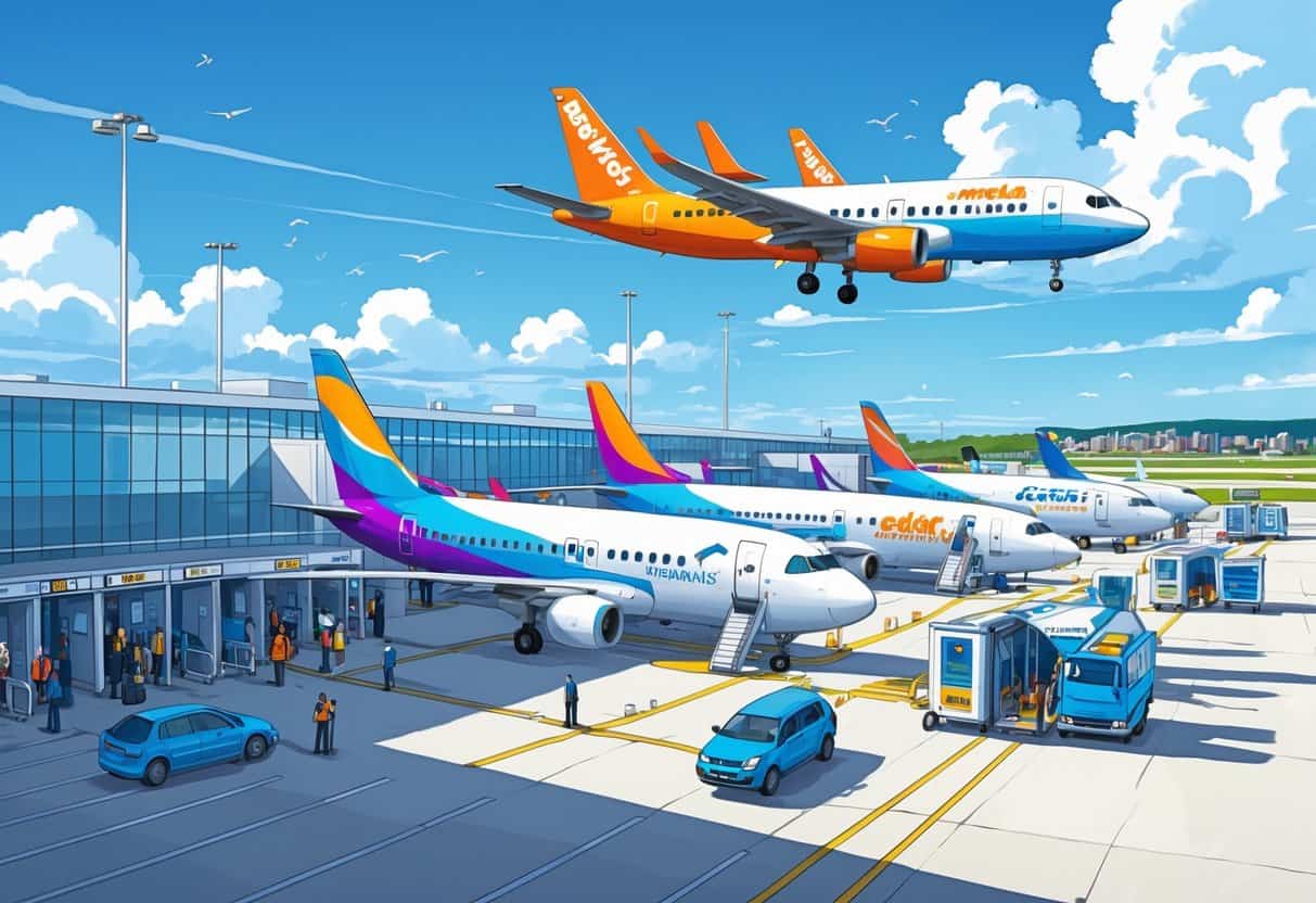 An airport scene in Brockton, Massachusetts with budget airplanes parked at gates and passengers boarding.