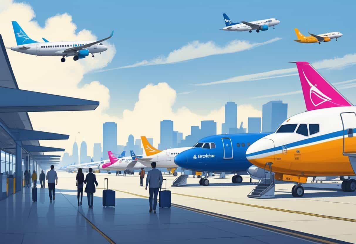 An airport scene with several colorful budget airplanes, passengers with luggage, and the Brockton city skyline in the background.