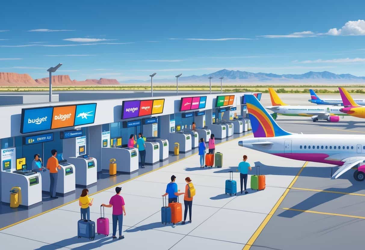 A small airport terminal in Buckeye, Arizona with budget airline check-in counters, travelers with luggage, budget airplanes on the tarmac, and desert mountains in the background.